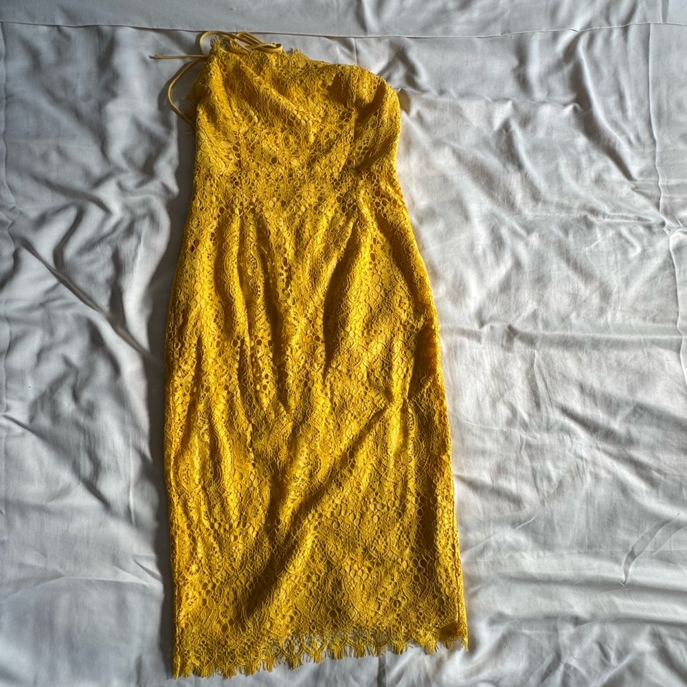 Yellow Lace Midi Dress Open Lace Up Back Sleeveless Sheath Wedding Guest SS